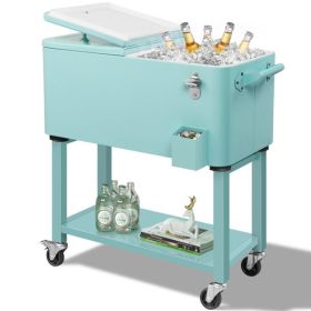 80 Quart Rolling Ice Chest, Portable Bar Drink Cooler with Catch Basin, Bottom Storage Tray and Bottle Opener for Patio Party BBQ Beach Activitie